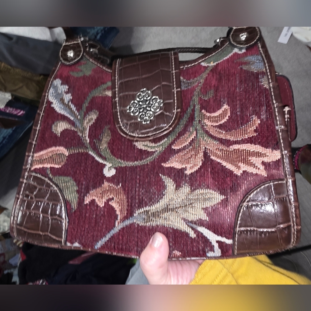 Burgundy Floral Tapestry Purse With Brown Faux Leather - Picture 6 of 11